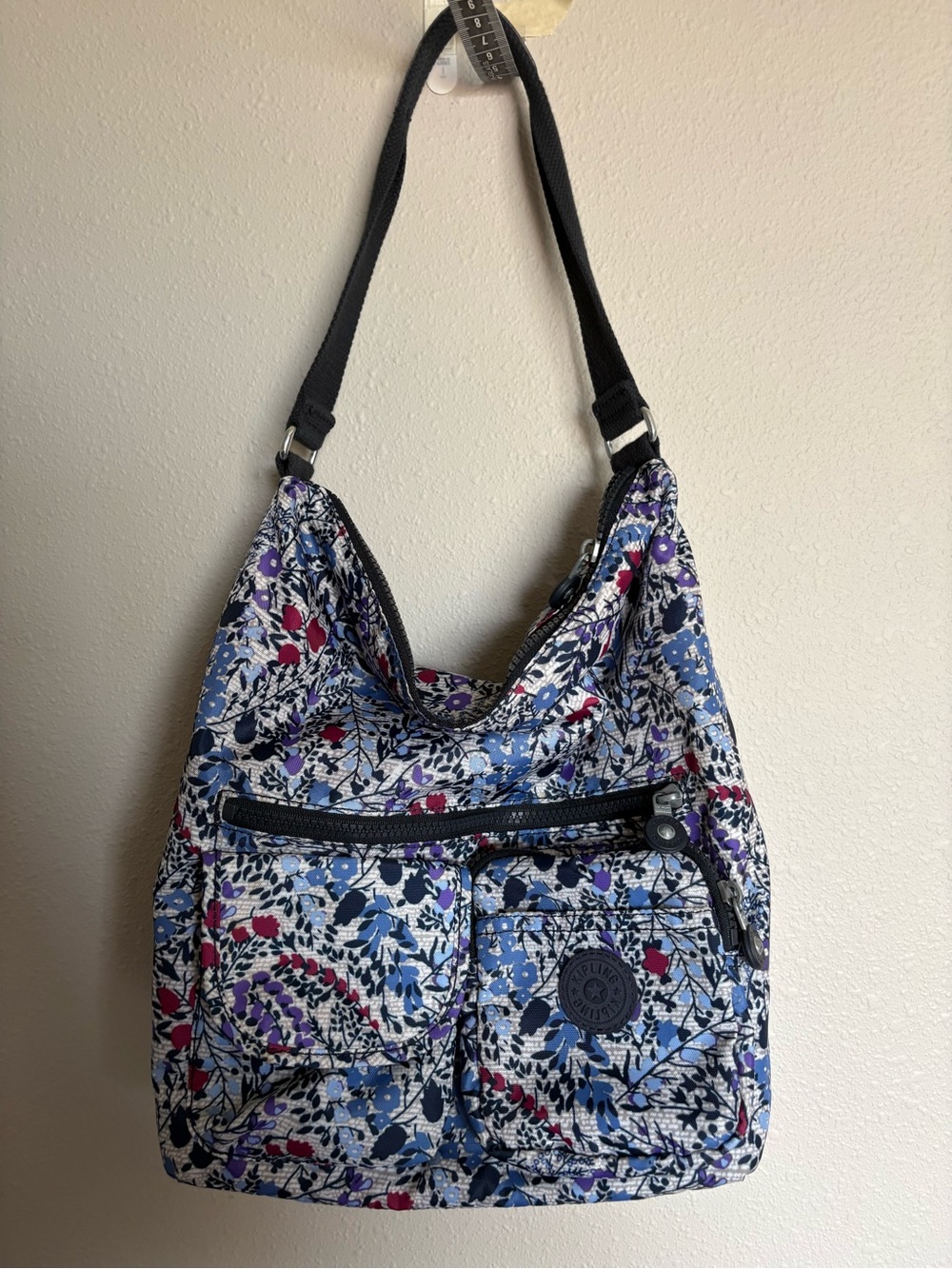Kipling Blue Floral Shoulder Bag with Pink Accents